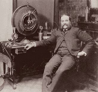 John Worrell Keely photographed in his laboratory, 1889